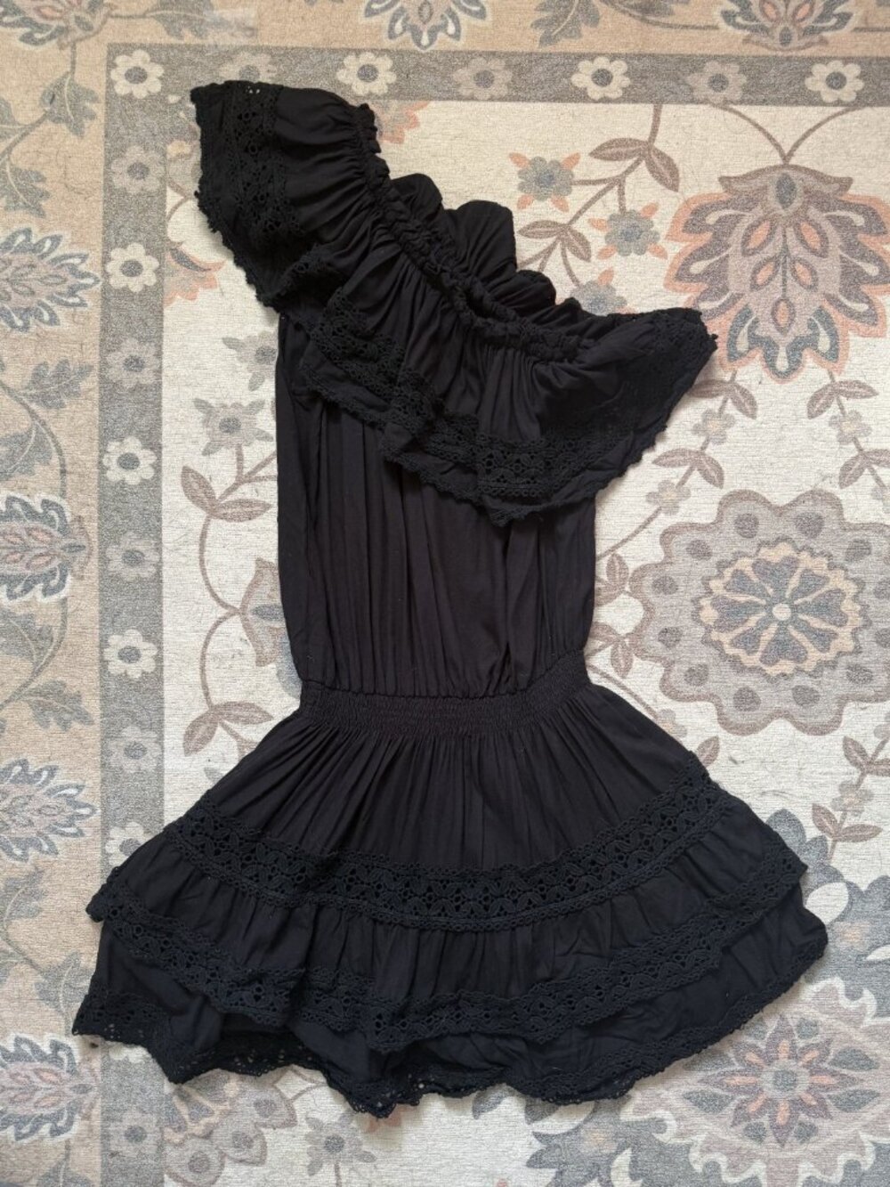 Melissa Odabash Black Lace One Shoulder Ruffle Mini Dress Romantic Coquette XS